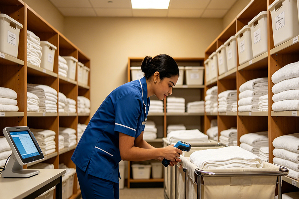 RFID Laundry Tag Solutions for Hotel Linen Management 2 Hotel staff managing RFID-tagged linens in storage area