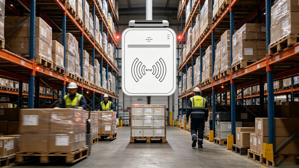 What Is Plate RFID System? UHF Intelligent Tracking System 1 Cykeo ultra high frequency plate RFID ceiling reader installed in industrial warehouse