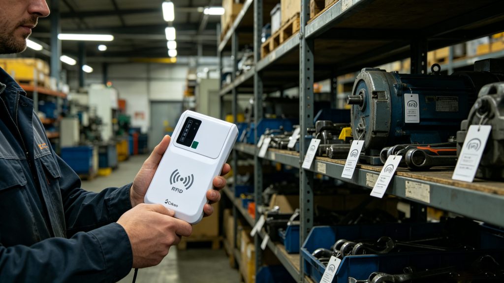 How Work RFID Tracking Tags For Equipment 1 Industrial equipment tagged with RFID tracking tags being scanned in warehouse environment