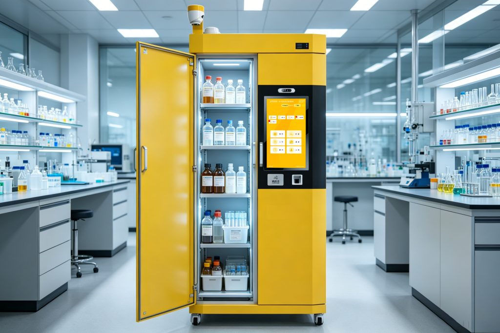 How achive smart managment in rfid lab sample tracking 1 RFID cabinet automatically scanning tagged laboratory samples inside storage area