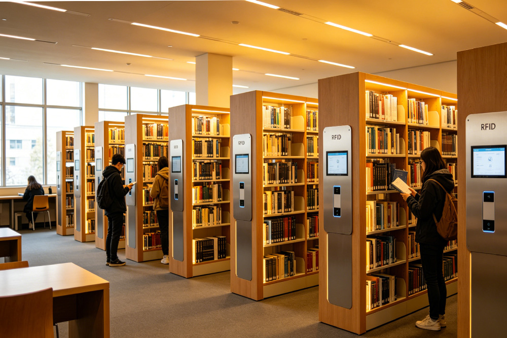University library using RFID smart shelf technology with embedded RFID reader modules for automated book inventory tracking.