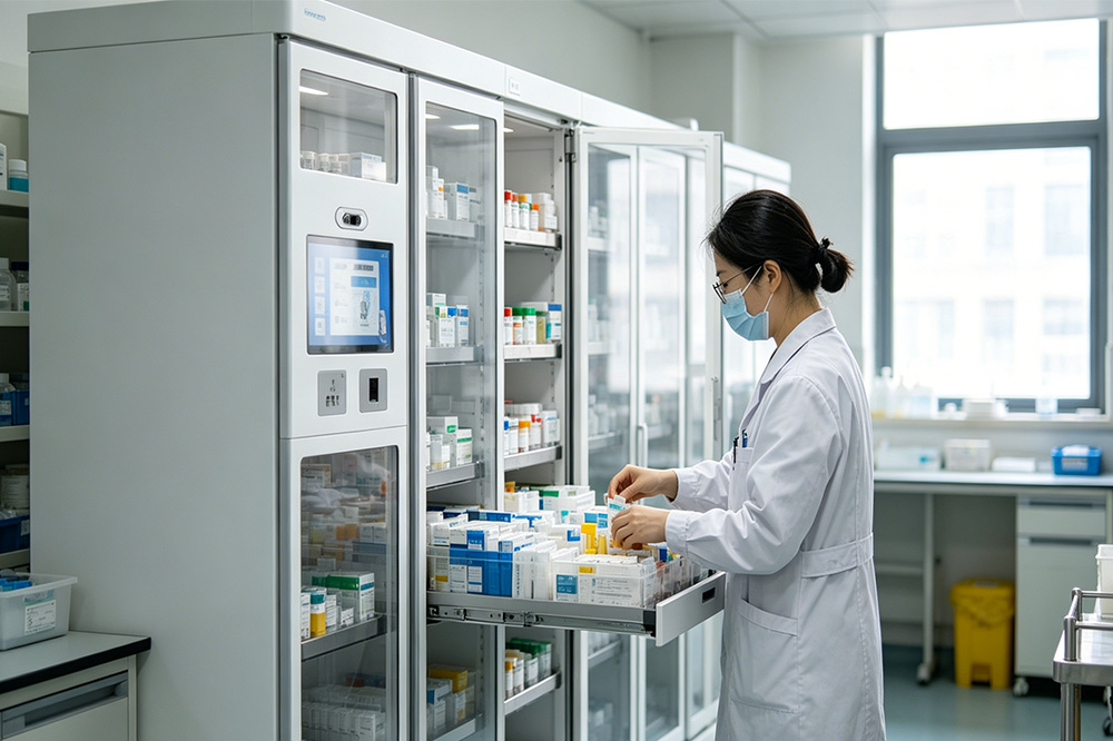 How RFID Enhances Hospital Medication Inventory Tracking 1 Pharmacist using RFID smart cabinet in hospital pharmacy