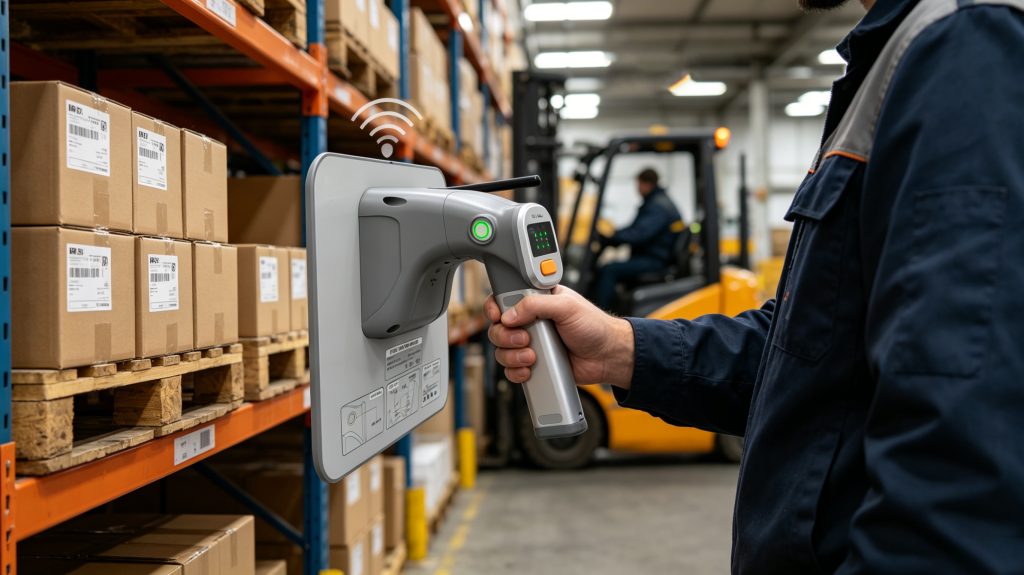 What is bluetooth asset tracker used for? 1 Worker using Cykeo UHF bluetooth asset tracker to scan warehouse inventory