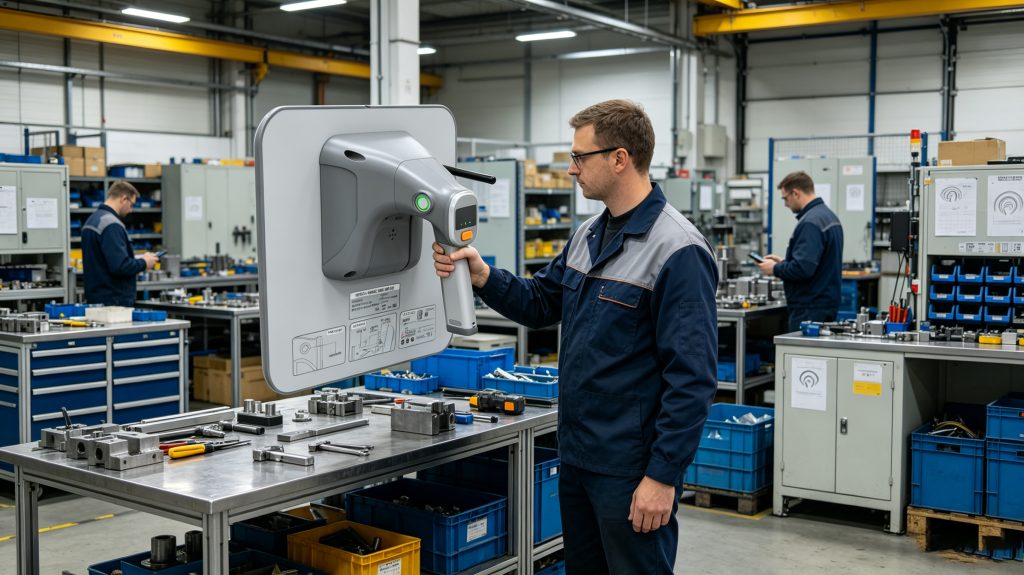 What is bluetooth asset tracker used for? 2 Cykeo bluetooth asset tracker scanning industrial tools inside manufacturing workshop