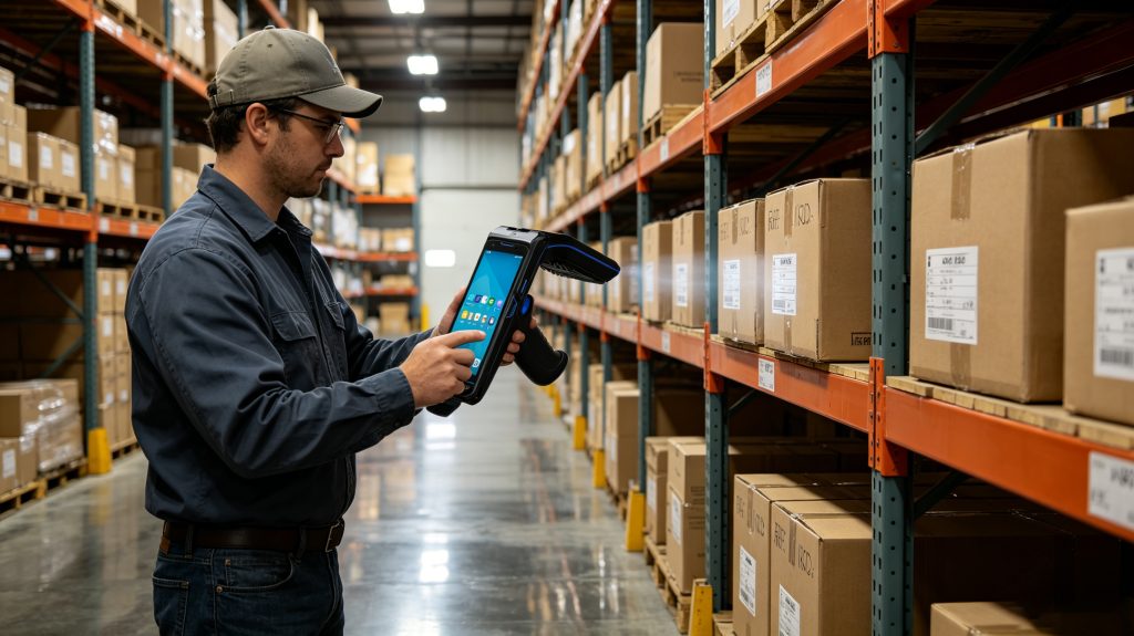 What is the importance of rifd tags and how actutally work? 2 Worker using Cykeo handheld UHF RFID reader to scan rifd tags inside industrial warehouse