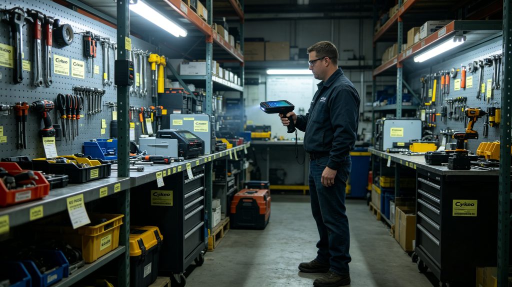 Technician scanning RFID flag tags in industrial tool storage