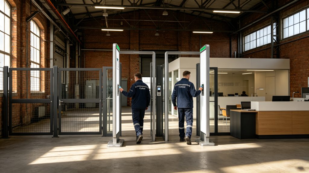 How access control kit rfid system works? 1 Cykeo ultra high frequency RFID access control system installed at industrial facility entrance
