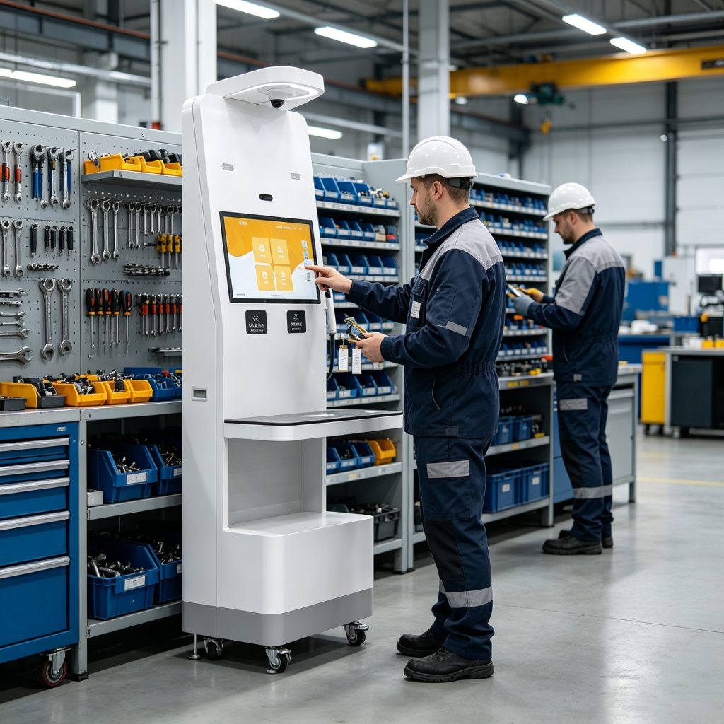 What Are RFID Jobs Used For RFID Tool Tracking Solutions? 1 Cykeo UHF RFID workstation managing industrial tool borrowing in a European factory