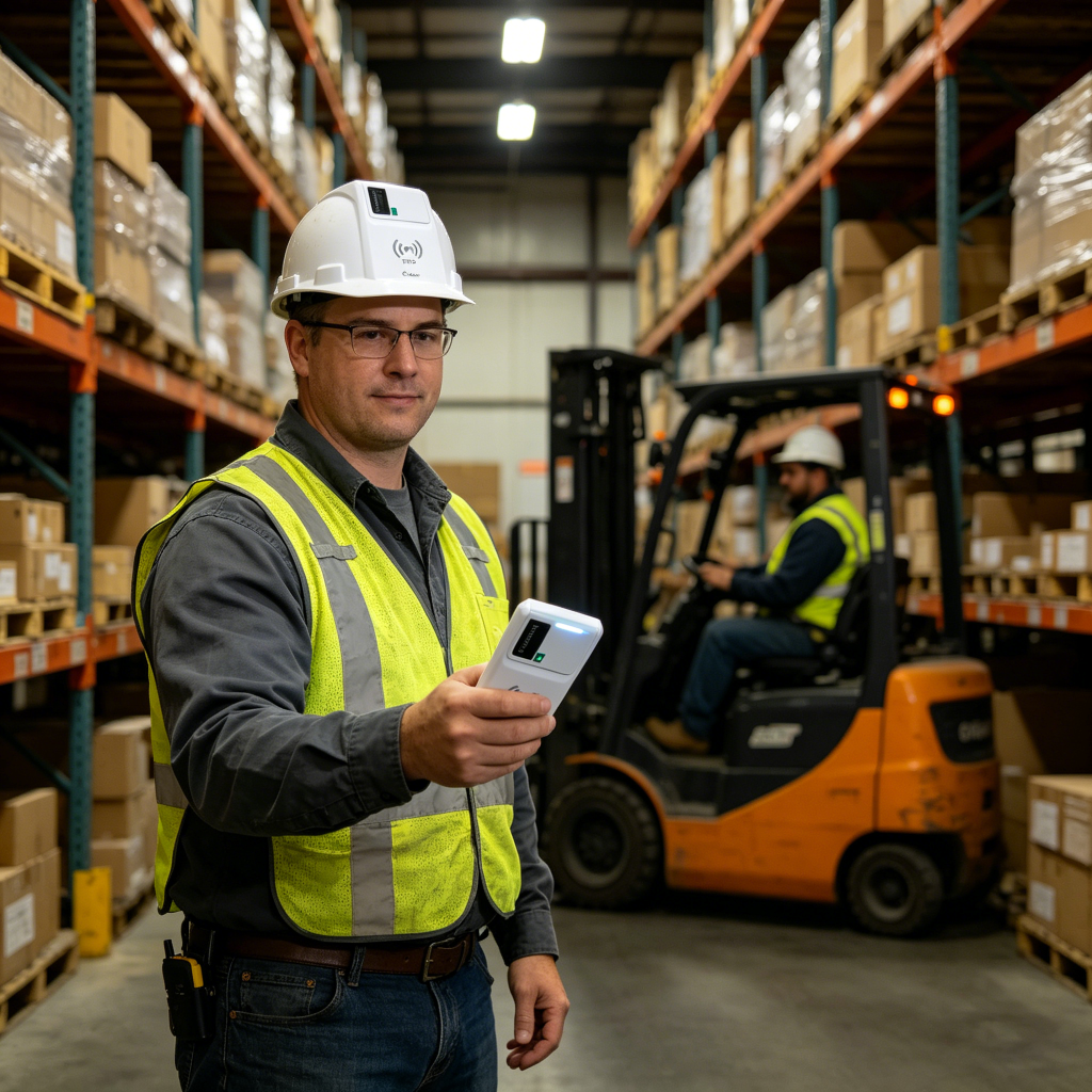 Warehouse worker scanning Cykeo UHF RFID tracking tags on industrial inventory shelves