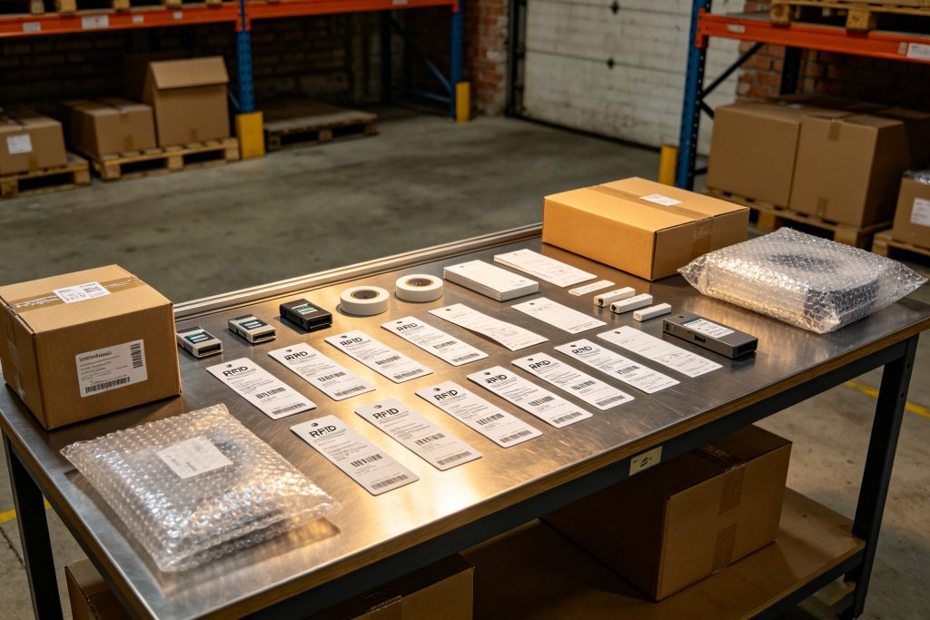 Types of uhf supplies used in industry and common challenges 1 Various UHF RFID supplies including tags, labels, and industrial RFID consumables used in logistics systems