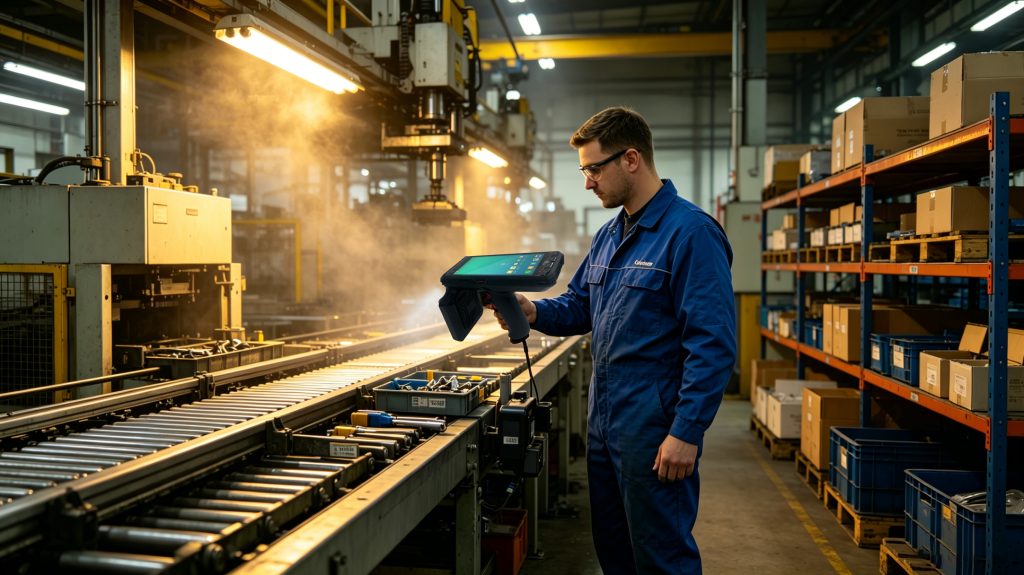 How to choose right handheld uhf rfid reader? 2 Worker using Cykeo handheld uhf rfid reader inside industrial manufacturing facility