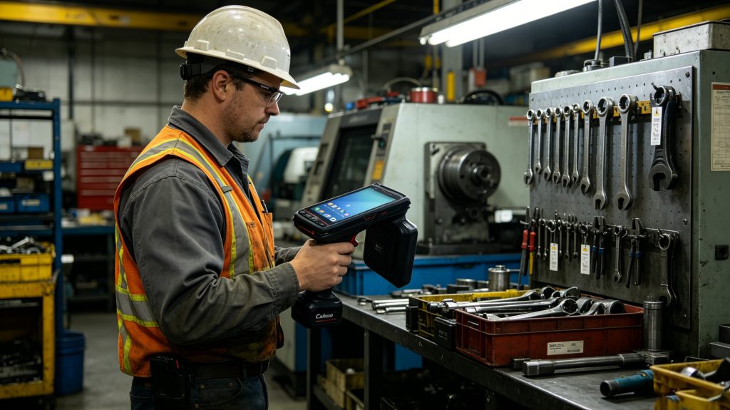 How tool tracking solution works for manufacturing 2 Manufacturing technician using Cykeo handheld RFID reader for industrial tool inspection