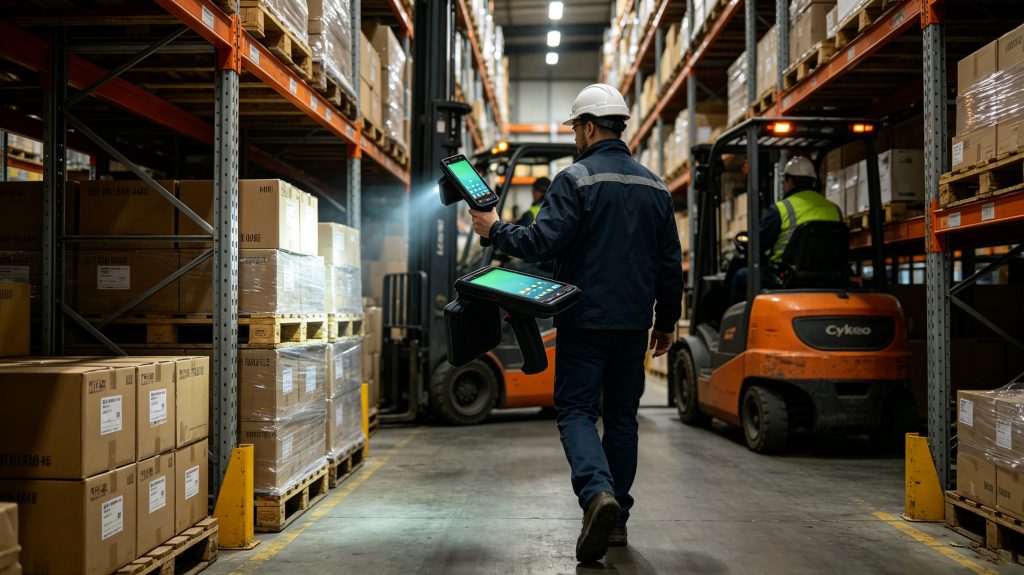 How to choose right handheld uhf rfid reader? 1 Cykeo handheld uhf rfid reader scanning industrial inventory in a European warehouse