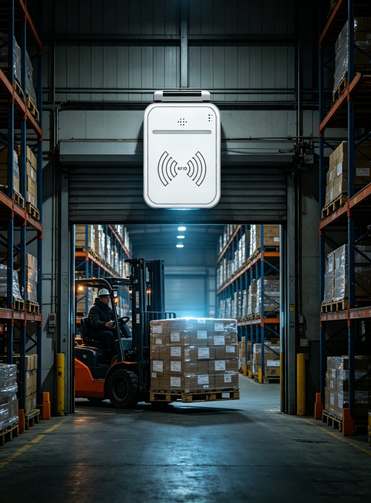 What Is Rfid Hardware And Core Components Of RFID Hardware Systems 1 Industrial UHF RFID reader hardware monitoring pallet movement in logistics center