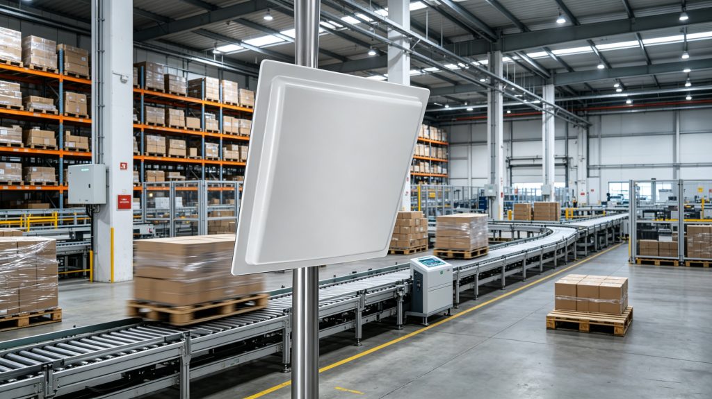 How RFID for Manufacturers Inventory Management Efficiency? 2 RFID inventory tracking system inside industrial warehouse manufacturing area