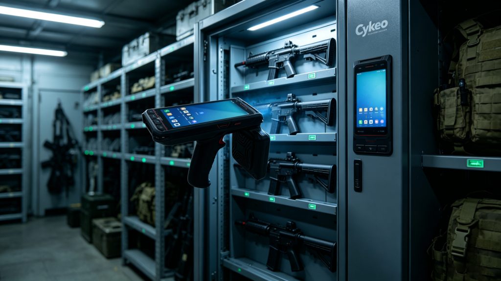How gun rfid system works? 1 Cykeo ultra high frequency gun RFID system scanning firearms inside a secure smart armory cabinet