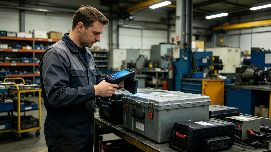 Technician using Cykeo ultra high frequency RFID handheld reader to scan equipment tracking tags in a factory maintenance room