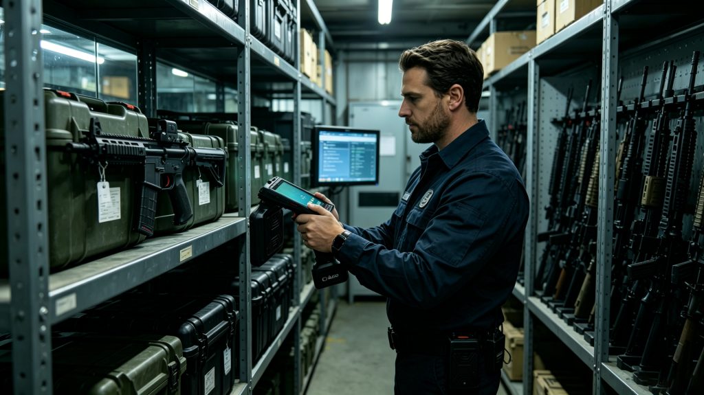 How gun rfid system works? 2 Operator using Cykeo handheld ultra high frequency RFID reader for firearm inventory tracking