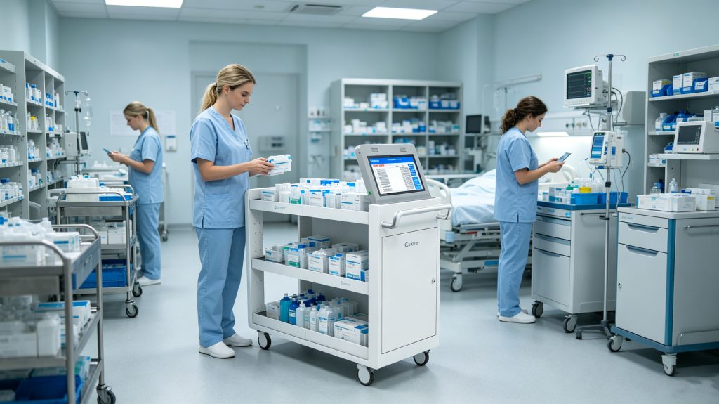 What Are RFID Applications in Healthcare? 1 Cykeo RFID healthcare system tracking medical inventory inside hospital storage room