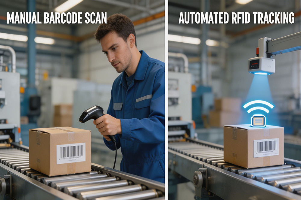 Comparison between manual barcode scanning and RFID automation in factory