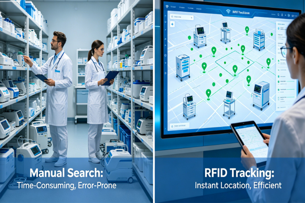 Impinj RFID Reader in Healthcare: A Better Way to Track Medical Equipment and Assets 1 Comparison between manual equipment search and RFID tracking in hospital