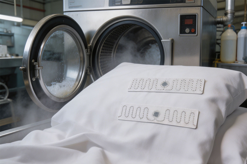 Washable RFID laundry tags inside industrial textile washing system
