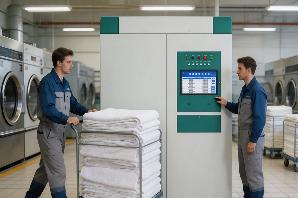 How RFID Laundry Tags Reduce Labor Costs in Commercial Laundry Operations 2 RFID tunnel system scanning commercial laundry textiles