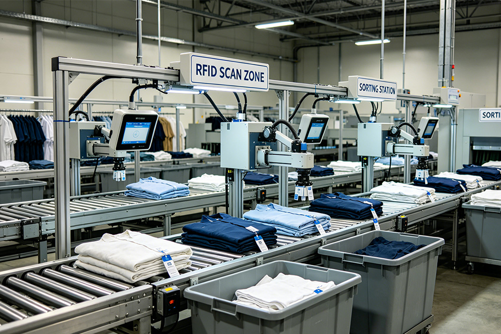 Why RFID Laundry Tags Are Essential for Modern Textile Rental Management 2 Automated RFID sorting in textile rental facility