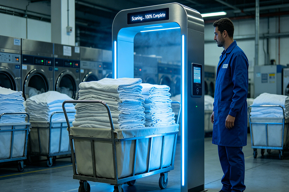 How RFID Laundry Tags Improve Inventory Accuracy in Commercial Textile Management 2 Bulk RFID textile scanning in commercial laundry operation