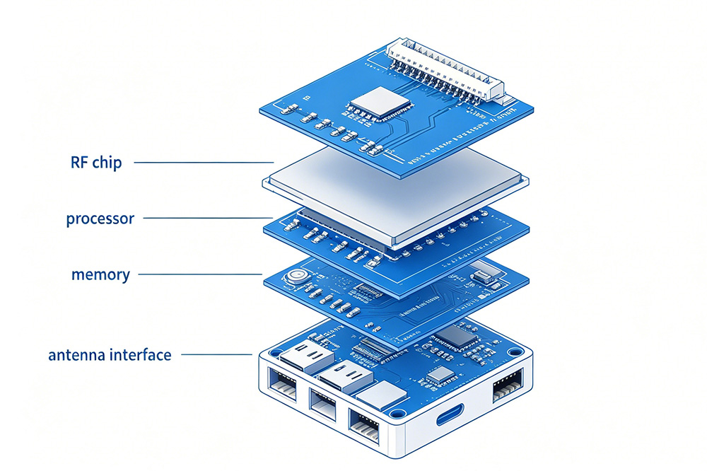 What Is an RFID Reader Module? A Practical Guide for OEM and System Integrators 1 Diagram showing internal components of an RFID reader module including RF chip, processor, memory, and communication interfaces.