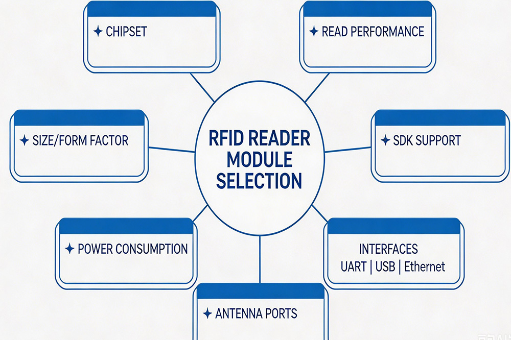 How to Choose the Right RFID Reader Module for OEM Projects 1 Infographic showing RFID reader module selection criteria including chipset, SDK, interfaces, antenna options, and performance factors.