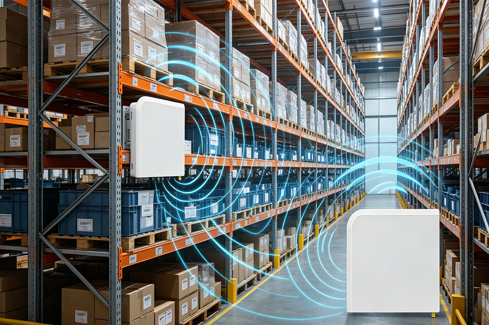 RFID Reader Module Integration Guide: From Hardware to Working System 1 Industrial RFID antenna setup in warehouse environment showing signal propagation, metal interference, and tag reading coverage zones.