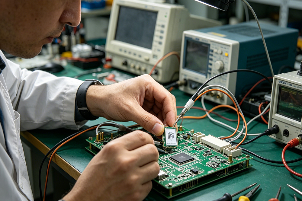 OEM RFID Reader Module: How Companies Build Custom RFID Devices 1 Engineer integrating an RFID reader module into a custom PCB assembly for an OEM RFID device.