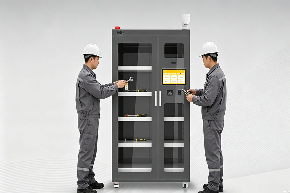 RFID Reader Module for Smart Cabinets: What Actually Matters in Real Deployments 2 Workers using an RFID smart cabinet for automatic tool borrowing and return tracking in an industrial workshop.