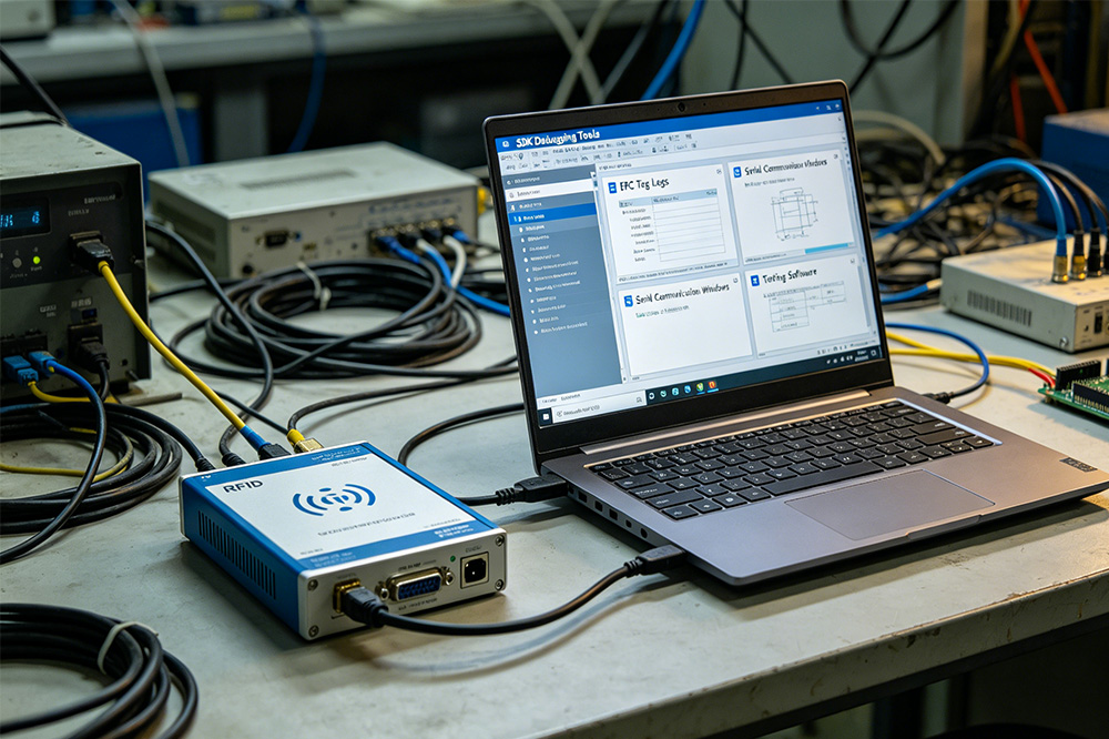 How to Make an RFID Reader Module Work Reliably in Real Industrial Environments 2 Developer testing RFID reader module SDK integration with live EPC data and communication debugging tools.