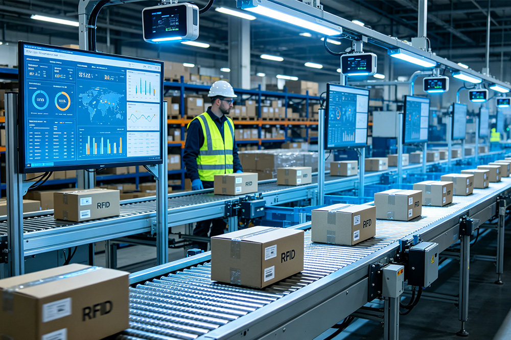 How to Make an RFID Reader Module Work Reliably in Real Industrial Environments 3 UHF RFID reader module scanning multiple RFID-tagged products on an industrial warehouse conveyor system.