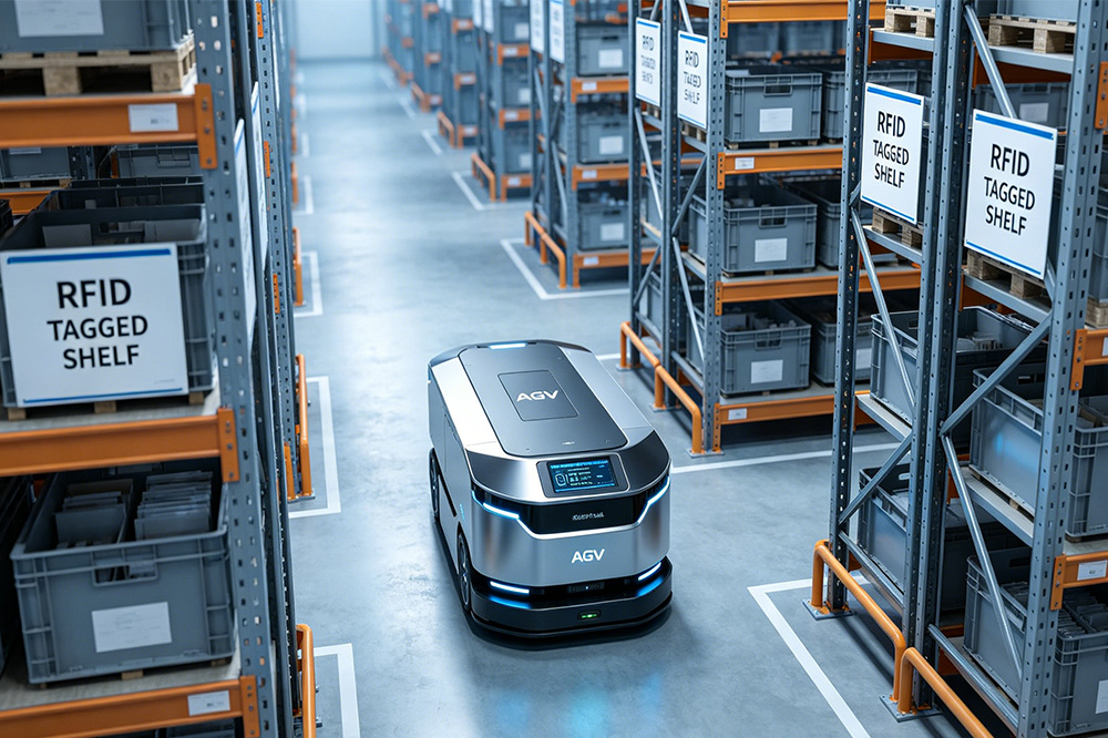 How OEM Manufacturers Use RFID Reader Modules in Warehouse Automation 2 Automated warehouse robot using embedded RFID reader module for navigation and inventory tracking.