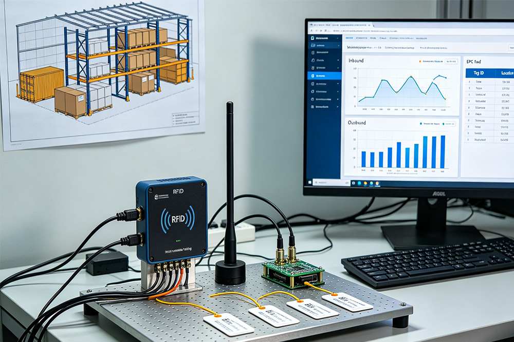 How OEM Manufacturers Use RFID Reader Modules in Warehouse Automation 3 Developer testing RFID reader module integration with warehouse inventory management software and live EPC tag data.