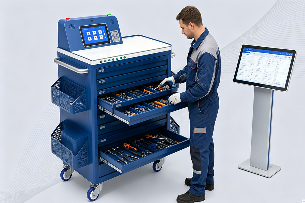 RFID Reader Module for Smart Tool Management Systems: What Actually Makes These Systems Reliable 3 Industrial workers using RFID smart cabinet system for automatic tool borrowing and return tracking.