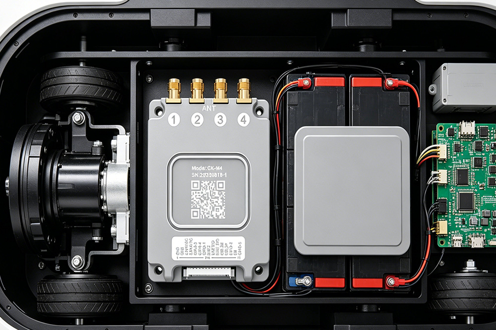 Embedded RFID reader module integrated inside an AGV robot for warehouse inventory tracking and navigation.