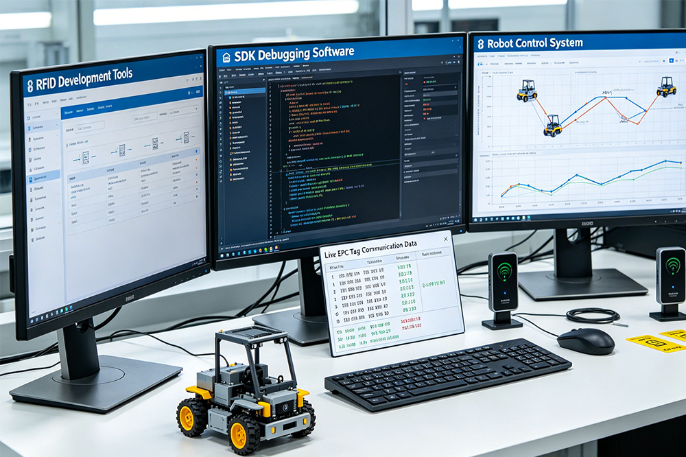 Engineer testing RFID reader module integration with AGV warehouse robot control software and EPC tag communication systems.