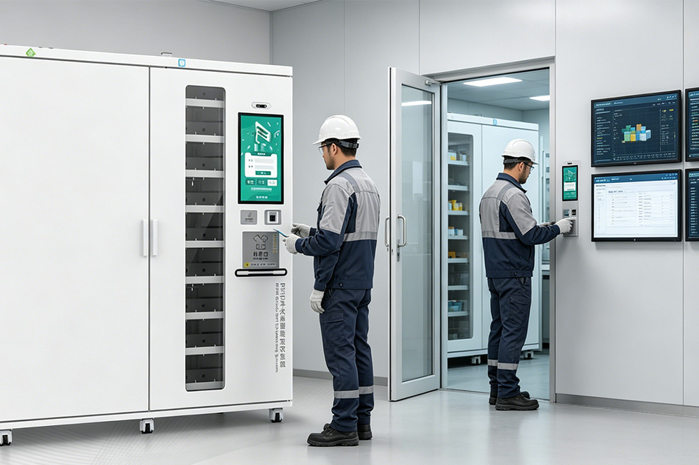 RFID Reader Module for Access Control Systems: Why More Security Devices Use Embedded RFID 2 Workers using RFID smart cabinet and industrial access control system with automatic event logging.