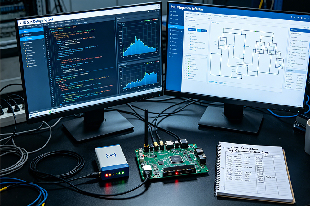 RFID Reader Module for Production Line Tracking: Why More Factories Are Embedding RFID Into Manufacturing Equipment 2 Engineer testing RFID reader module integration with industrial PLC and manufacturing execution systems.