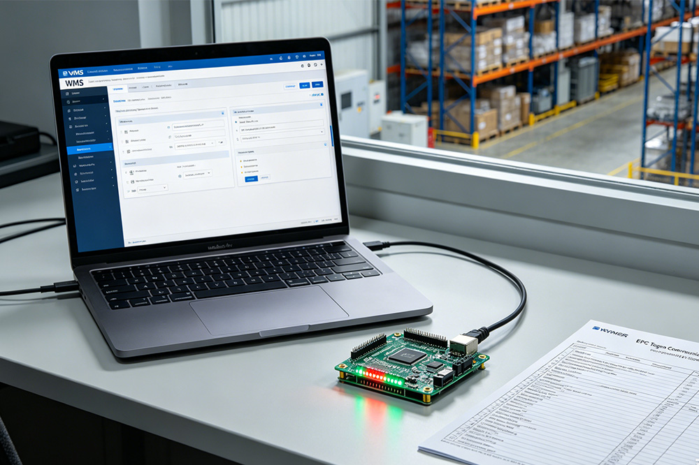 RFID Reader Module for Warehouse Inventory Management: Why More Distribution Centers Are Embedding RFID Into Operations 3 Engineer testing RFID reader module integration with warehouse management software and logistics automation systems.
