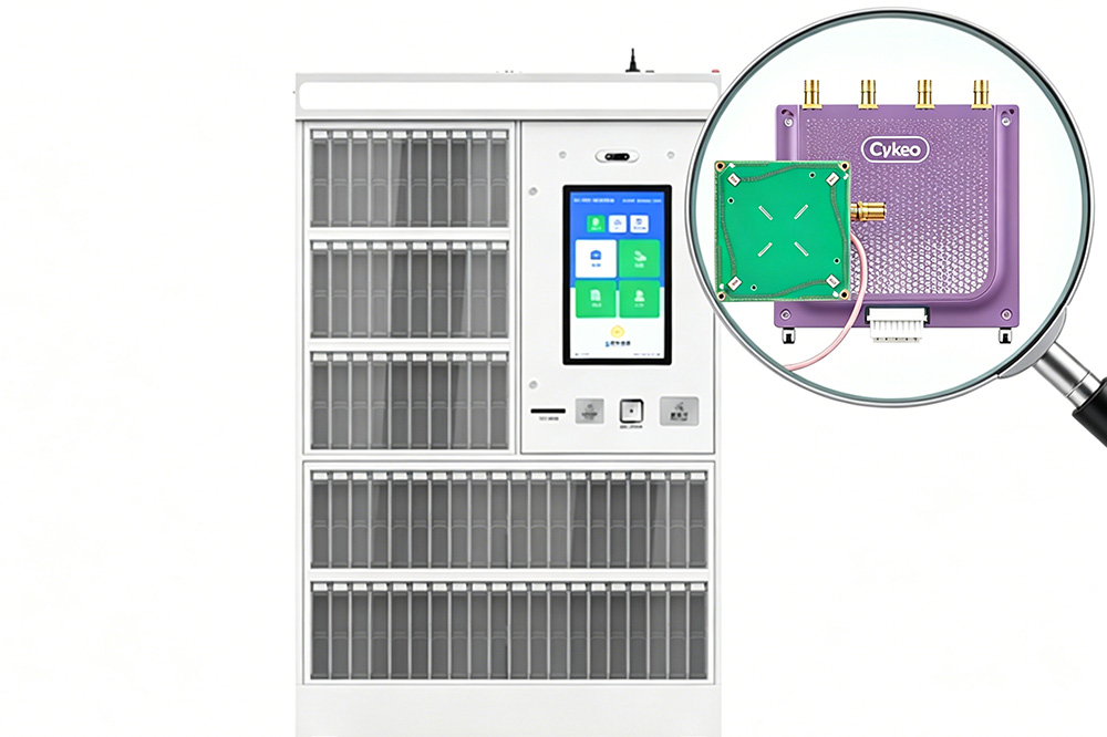 Embedded RFID reader module integrated into library self-checkout system for automated book circulation management.