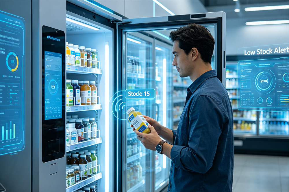 RFID Reader Module for Smart Vending Machines: Why More Automated Retail Systems Use Embedded RFID 2 RFID-enabled smart refrigerator automatically detecting products removed by customer during automated retail checkout.