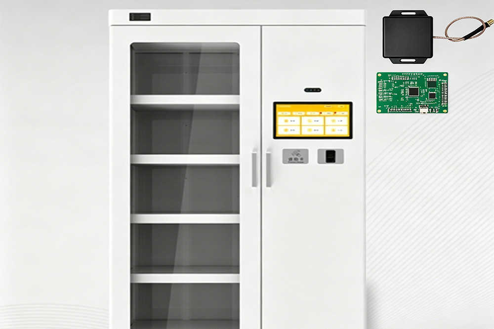 Embedded RFID reader module integrated into industrial smart cabinet drawer for automated tool tracking.