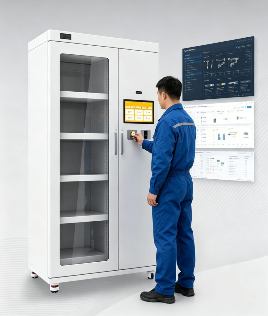 Industrial maintenance staff monitoring RFID smart cabinet tool inventory and usage tracking system.