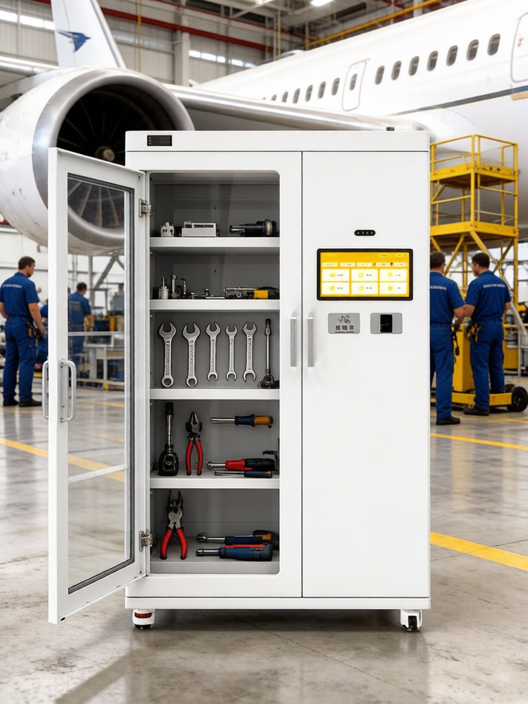 Aerospace maintenance team using RFID smart cabinet system for aviation tool accountability and FOD prevention.
