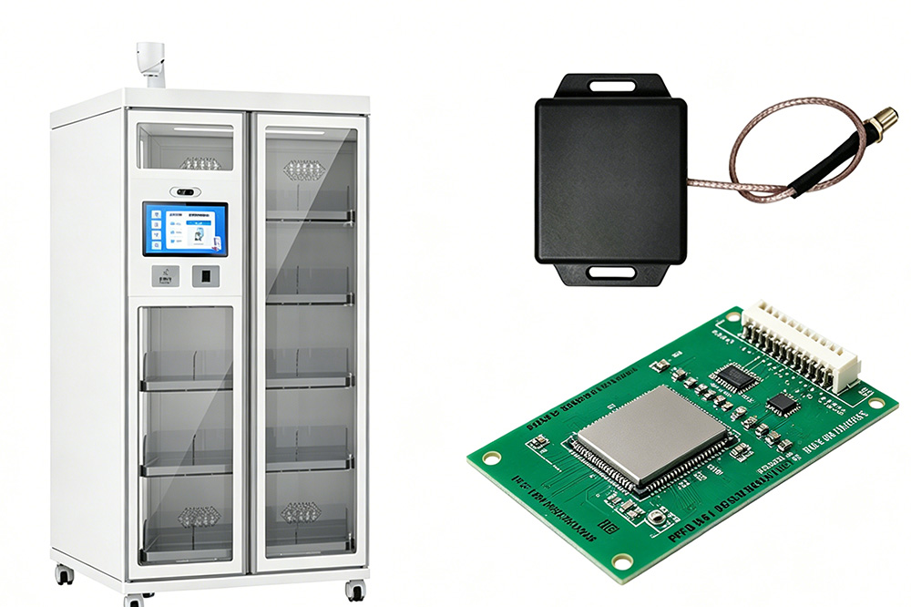 Embedded RFID reader module integrated into hospital smart cabinet for automated medical inventory tracking.